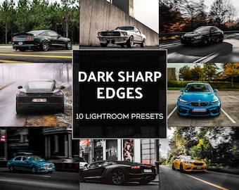 Könnte beinhalten: Eine Collage aus Bildern mit verschiedenen Autos, darunter ein schwarzer Porsche, ein blauer BMW, ein gelber BMW, ein schwarzer Lamborghini und ein silberner Ford Mustang. Der Text "DARK SHARP EDGES 10 LIGHTROOM PRESETS" wird in der Mitte der Collage angezeigt.