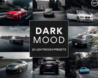 Könnte beinhalten: Eine Collage aus Bildern mit verschiedenen Autos in einer dunklen und stimmungsvollen Ästhetik. Der Text "DARK MOOD 10 LIGHTROOM PRESETS" wird in der Mitte der Collage angezeigt.