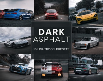 Könnte beinhalten: Eine Collage verschiedener Sportwagen in verschiedenen Farben, darunter Blau, Rot, Silber, Gelb und Grün. Das Bild zeigt auch den Text "DARK ASPHALT" und "10 LIGHTROOM PRESETS" in Weiß auf schwarzem Hintergrund.