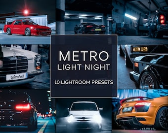 Könnte beinhalten: Eine Collage von Bildern mit verschiedenen Autos bei Nacht, mit dem Titel "METRO LIGHT NIGHT 10 LIGHTROOM PRESETS".