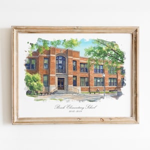 May include: Watercolor painting of Brick Elementary School, framed in a light wood frame. The school is a two-story brick building with multiple windows and a central arched entrance. The text "Brick Elementary School 2012-2018" is written below the building.