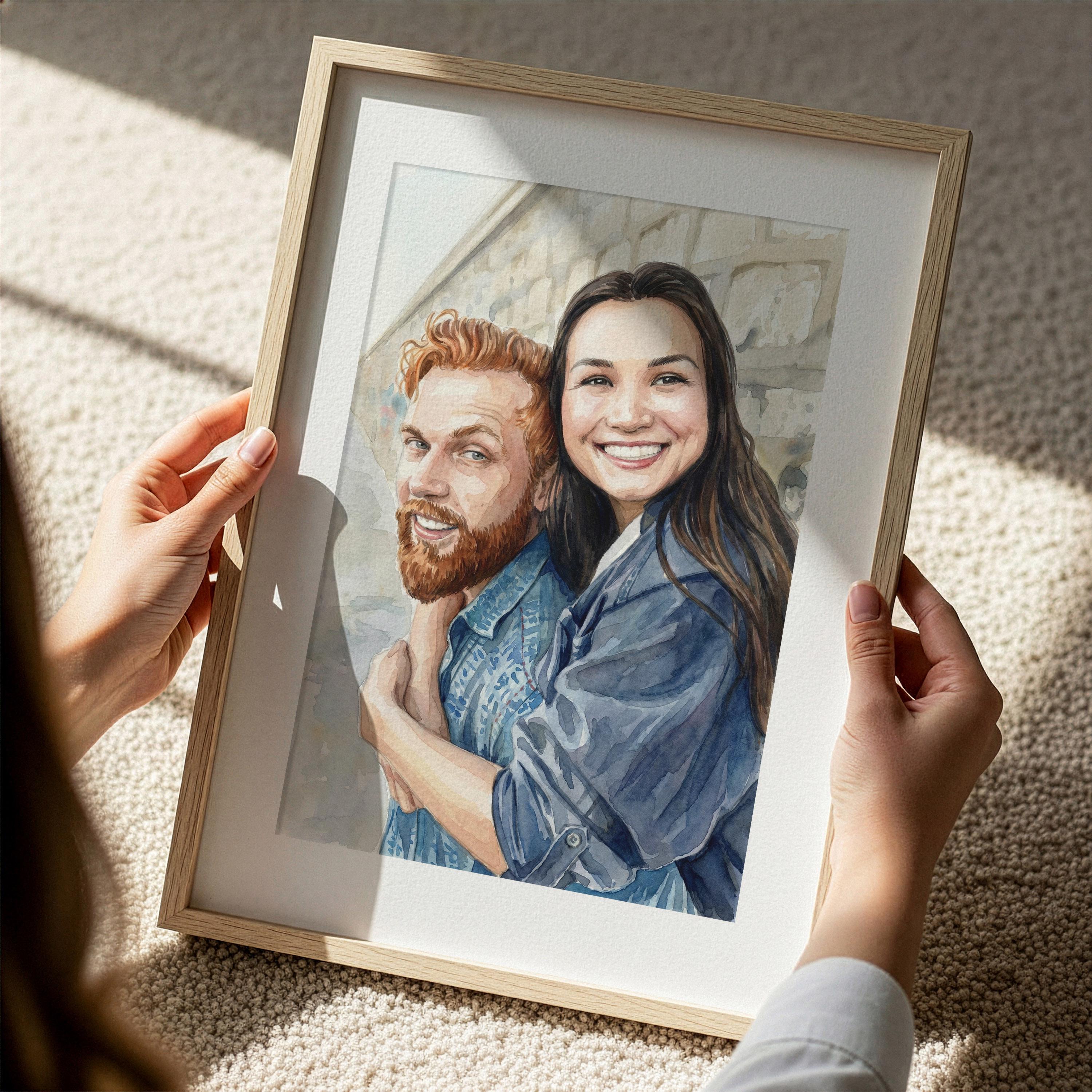 Framed custom watercolor couple portrait created from a photograph as a first anniversary gift