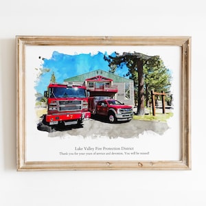Custom Firefighter Gift, Fireman Gift, Personalized Watercolor Fire Department Portrait, Gift for Him, Gift for Coworker, Retirement Gift