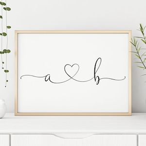 Aangepaste paren naaminitialen afdrukken, personalisatie paar initialen muurkunst, paar initialen met hart, instant afdruk in woonkamer en slaapkamer
