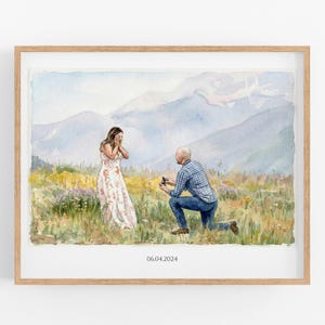 May include: A watercolor painting in a light wood frame depicting a proposal scene in a wildflower meadow with mountains in the background. A person in a floral dress stands before a person kneeling in a plaid shirt and jeans. The date 06.04.2024 is printed below.