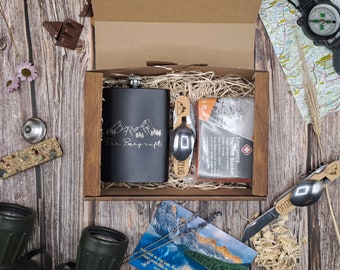 Flachmann Geschenk Set Box | Camping Besteck | Geburtstag | Berge | Wandern | Camping |  | Trink Geschenkidee | Papa | Mama | Schnaps