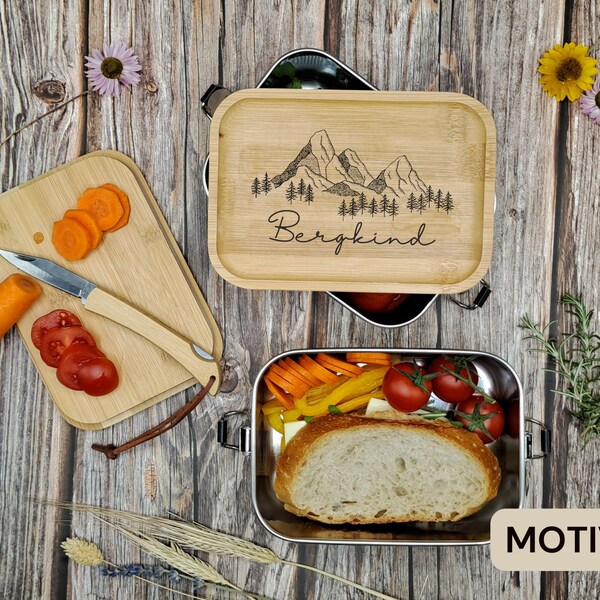 Bergmotiv Personalisierte Edelstahl Lunchbox mit Bambusdeckel | Wandern | Camping | Personalisiertes Geschenk | Küche Brotbox | Berge