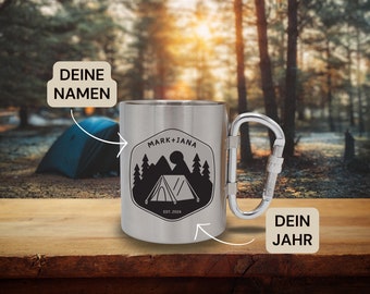 Camping Personalisierte Paar Tasse Namen & Jahr | Teetasse Kaffeetasse | Wald | Bushcraft | Edelstahl Tasse | Geschenkidee | Geschenkset