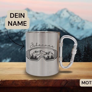 Mug d'extérieur avec mousqueton | Mug personnalisé en acier inoxydable pour les amoureux du ski, de l'après-ski, de la randonnée et de la montagne | Idée cadeau pour les sports d'hiver
