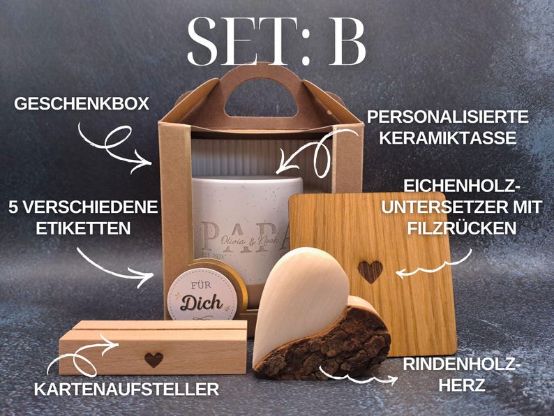 May include: A gift set including a ceramic mug, wooden coaster, heart-shaped wooden decor, and a card holder. The set comes with a gift box and labels. The mug has the word "Papa" printed on it. The coaster has a heart cutout.