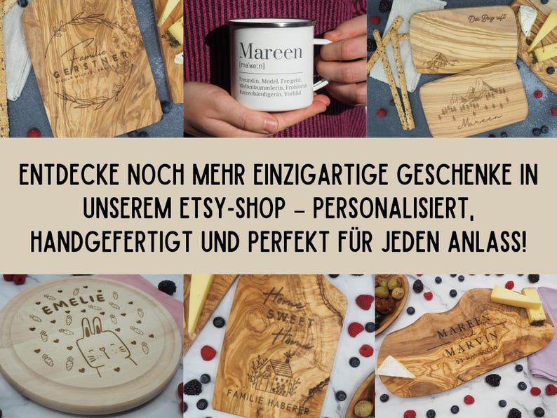 May include: A selection of engraved wooden boards and a white enamel mug with the name "Mareen". The boards are for serving food and have personalized designs. The image also includes text in German.