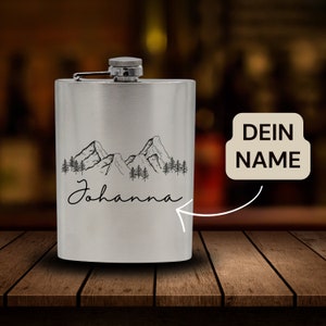 Personalisierter Name Flachmann Geschenkset Berge Alpen Wandern Edelstahl-Trinkflasche Outdoor Camping Geschenkidee Bild 1