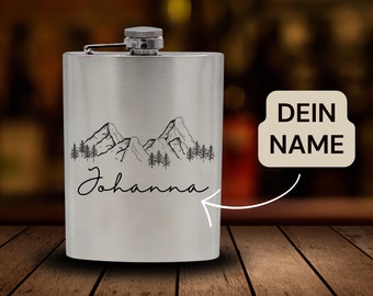Personalisierter Name Flachmann Geschenkset | Berge | Alpen | Wandern | Edelstahl-Trinkflasche | Outdoor | Camping | Geschenkidee