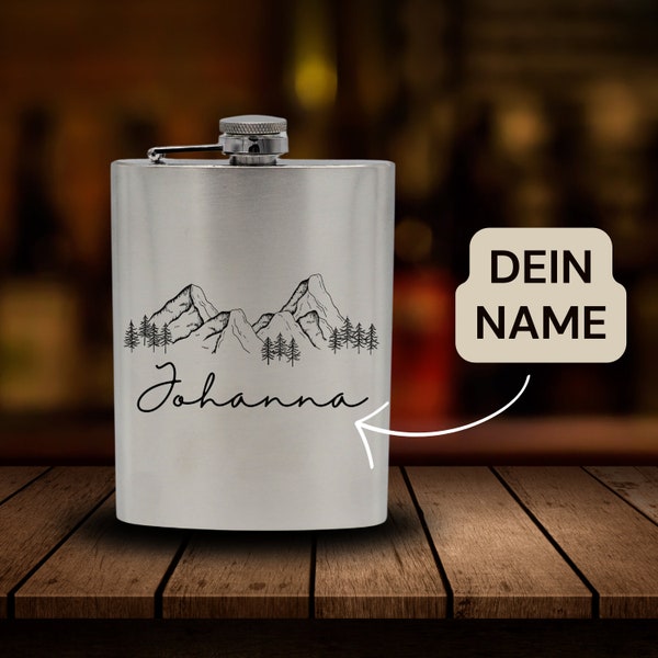 Personalisierter Name Flachmann Geschenkset | Berge | Alpen | Wandern | Edelstahl-Trinkflasche | Outdoor | Camping | Geschenkidee