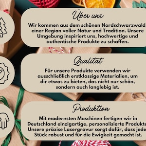 May include: Overhead view of wrapped gifts with German text. The text describes the company's origins in the Black Forest, commitment to quality materials, and personalized production in Germany.