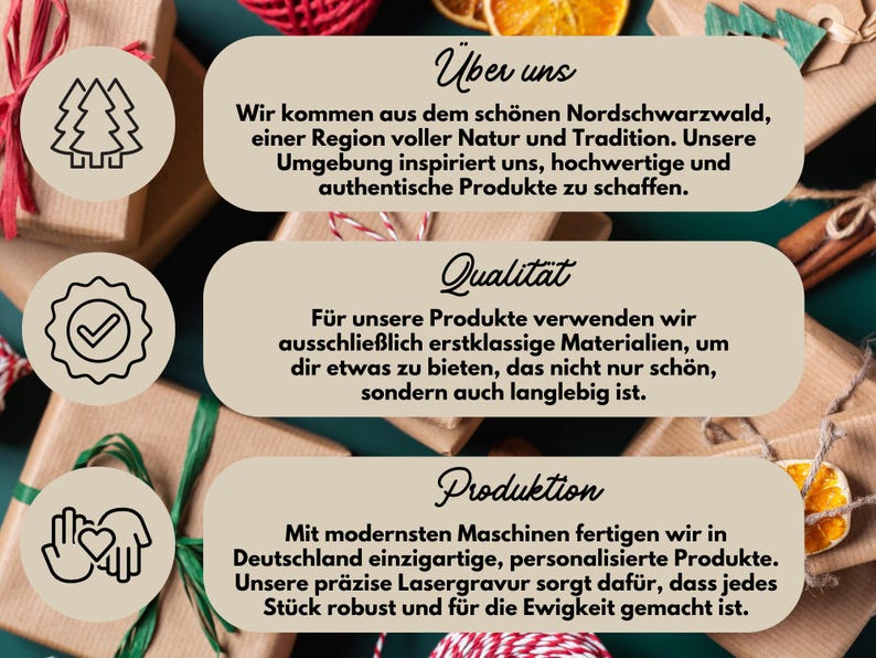 May include: Overhead view of wrapped gifts with German text. The text describes the company's origins in the Black Forest, commitment to quality materials, and personalized production in Germany.