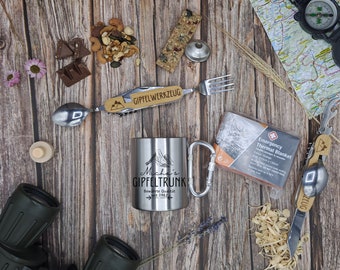 Coffret cadeau randonnée montagne | Tasse à mousqueton | montagnes | Randonnée | Couverts multi-outils | Camping | Extérieur | Bushcraft | Survie | Forêt