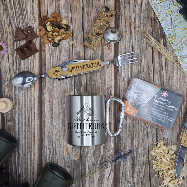 Wander Berg Geschenk Set Box | Karabiner Tasse | Berge | Wandern | Multitool Besteck | Camping | Outdoor | Bushcraft | Survival | Wald