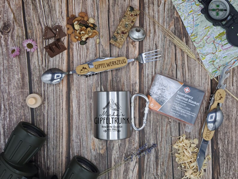 Hiking Mountain Gift Set Box Carabiner Mug Mountains Hiking Multitool Cutlery Camping Outdoor Bushcraft Survival Forest Ohne Geschenkbox