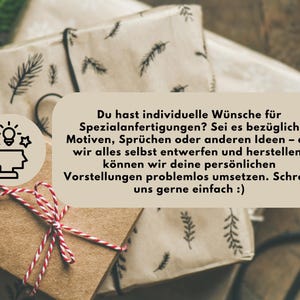 May include: Wrapped gift boxes in brown paper, tied with black twine and red and white string. The boxes feature a sprig pattern. Text on the image says: "Do you have individual wishes for custom designs?"