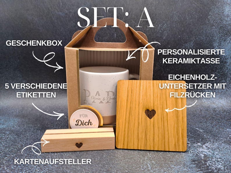 May include: A gift set labelled "SET: A" includes a ceramic mug, wooden coaster, card holder, and gift box. The mug has "DAD" printed on it. The wooden coaster and card holder feature heart cutouts. The set also includes labels.