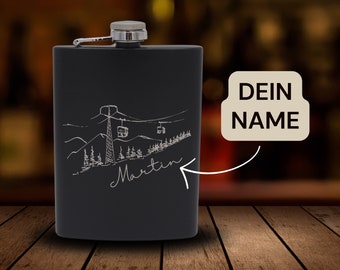 Skilift Skigebiet Personalisierter Name Flachmann Geschenkset | Berge | Alpen | Wandern | Edelstahl-Trinkflasche | Camping | Geschenkidee