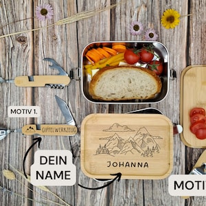 Wandern Geschenk Lunchbox & Campingbesteck Bergmotiv Personalisierte | Camping | Personalisiertes Geschenk | Küche Brot box | Berge