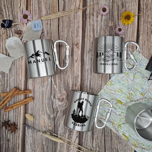 Mug Mountains Outdoor Hiking Camping | Personalized Carabiner Mug | Tea Cup Coffee Mug | Stainless Steel | Gift Idea | Gift Set