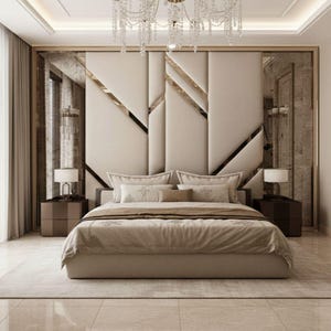 Könnte beinhalten: Ein luxuriöses Schlafzimmer mit einem großen Bett mit einem beige gepolsterten Kopfteil mit geometrischen Akzenten. Spiegelflächen und Nachttische mit Lampen flankieren das Bett. Ein Kristall-Kronleuchter hängt über dem Bett, und der Raum hat eine neutrale Farbpalette.