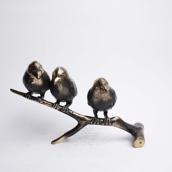 Bronze Birds on a Branch Statue, Bird Figurine, Love Bird, Brass, Animal, Handmade, Ornament, Nursery Decor, Gift for Son 3.1" inch 7.8 cm