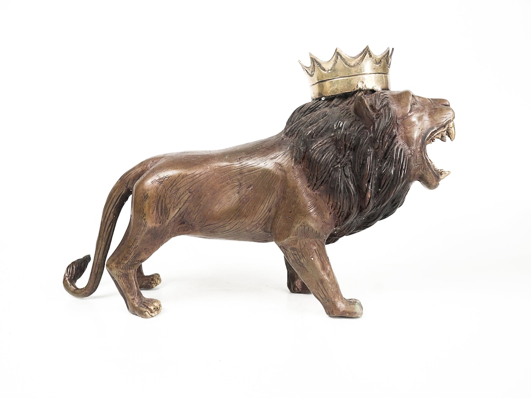 Bronze Lion King Sculpture , Vintage Lion With Crown, African Animal