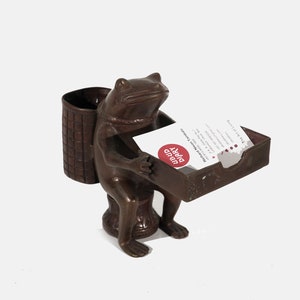 Sculpture grenouille en bronze avec porte-cartes et porte-stylo, statue en bronze, fait main, sculpté à la main, décoration de bureau, table de bureau, dessus de table, cadeau d'anniversaire