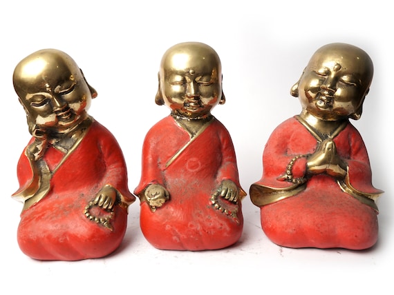 真鍮製の三賢僧侶の彫刻 3体セット、仏像、僧侶の像、真鍮彫刻 