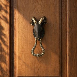 May include: A dark metal door knocker shaped like a ram head with curved horns, featuring a brass-toned finish on the horns and the dangling ring handle. The ram head is mounted on a dark oval plate attached to a vertical wooden door panel.