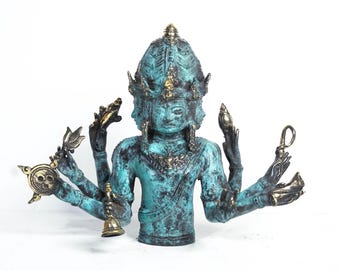 Lord Brahma 9.8" inch / 25 Cm, bronze statue, Hindu deity, four faces, multiple arms, Vedic god, creator god, antique sculpture,