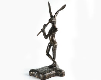 Standing Rabbit Playing Flute Sculpture, Rabbit Statue, Rabbit Figure, Rabbit Ornament, Hand Carved, Handicraft, Handmade, Home Decor, Gifts