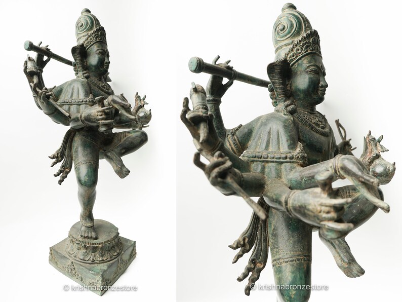 May include: A four-armed bronze statue of a Hindu deity, possibly Vishnu, playing a flute. The statue is in a dancing pose and has a green patina.