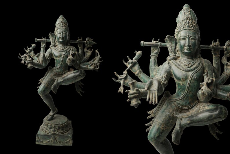 May include: A bronze statue of a multi-armed Hindu deity, possibly Shiva, in a dancing pose. The statue is green with a patina and has intricate details.