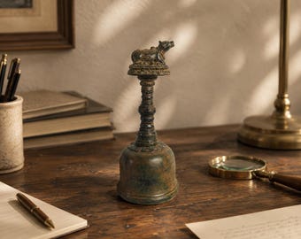 Genta Bell with Holly Cow, 7.8" inch / 20 Cm, Bell Bronze, Antique Bell, Vintage Genta, Brass, Ornament, Housewarming, Home Decor