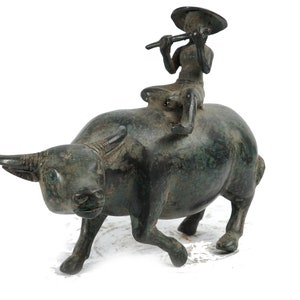 Bronze A Man Playing Flute On Cow Sculpture, Farmer Figure, Cow Sculpture, Animal Sculpture, Home Decor, Miniature, Home Decor, Gifts