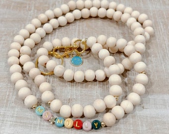 Personalized Teacher Lanyard: Wooden Bead ID Holder with Smiley Charm