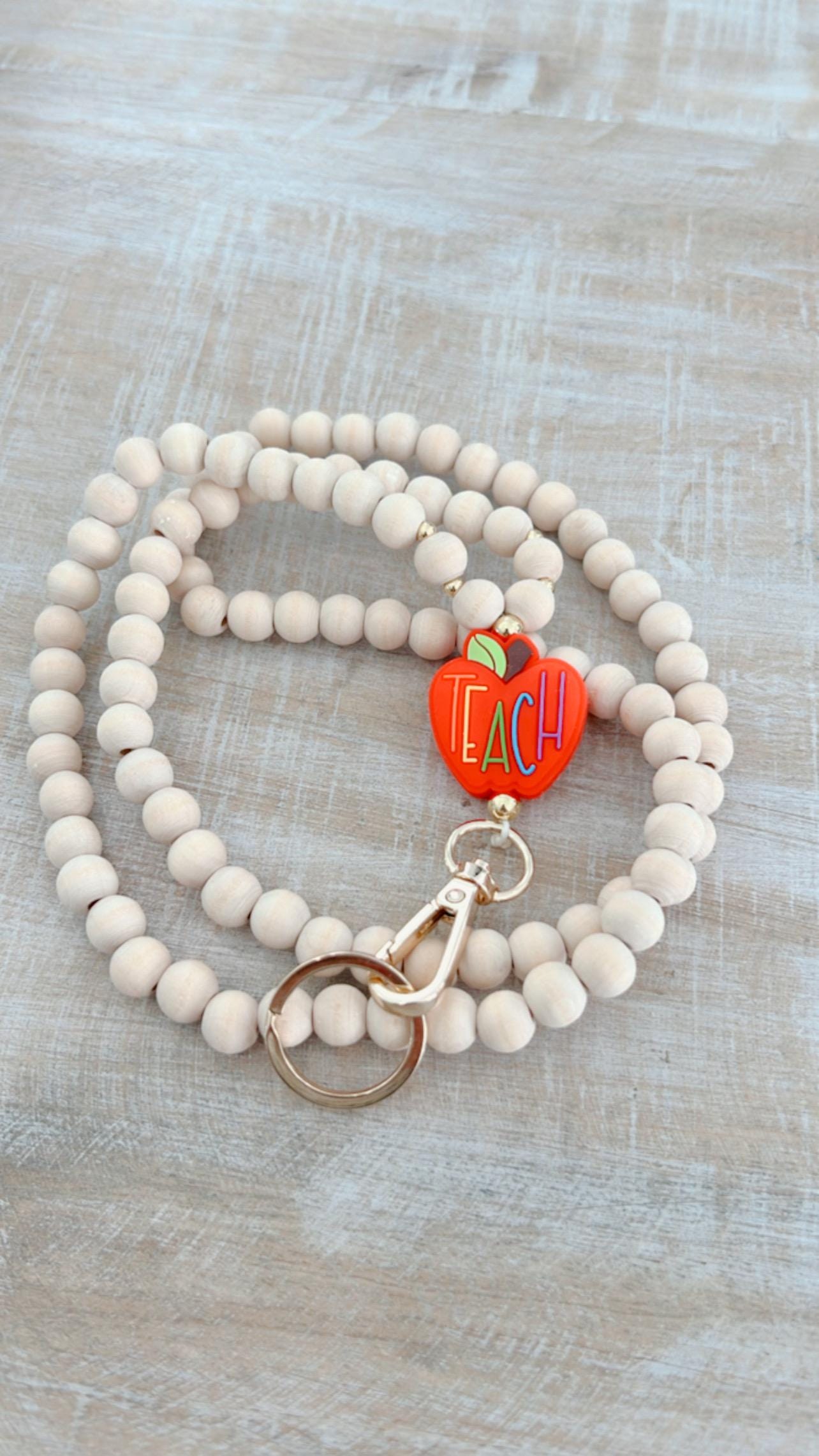 Wooden Bead Teacher Lanyard: Boho ID Holder Necklace