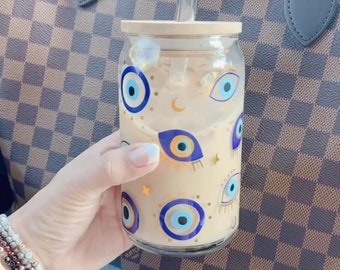 Evil Eye Glass Cup, Iced Coffee, 16 oz with Bamboo Lid