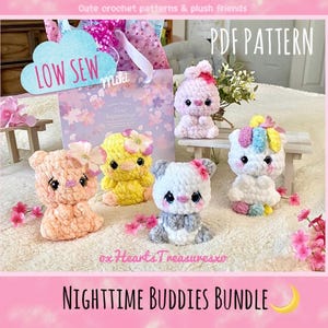 LOW SEW-bundel Set van 5 ~ pdf-patroon Nighttime Buddies omvat: lentepanda, eenhoorn, konijn, baby Chick and Bear, schattige gehaakte dieren