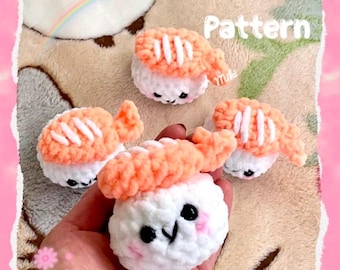 PDF PATTERN Sushi shrimp crochet pattern, cute crochet sushi plush, shrimp sushi amigurumi pattern, plush sushi, cute food crochet