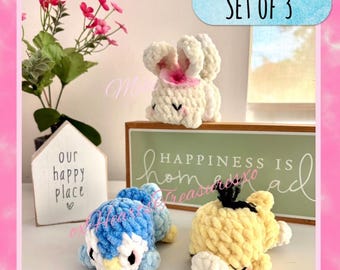 SET of 3: PDF Pattern Lying down Penguin, duck and fairy fox crochet pattern, cute plush animal pattern, amigurumi crochet stuffed animal