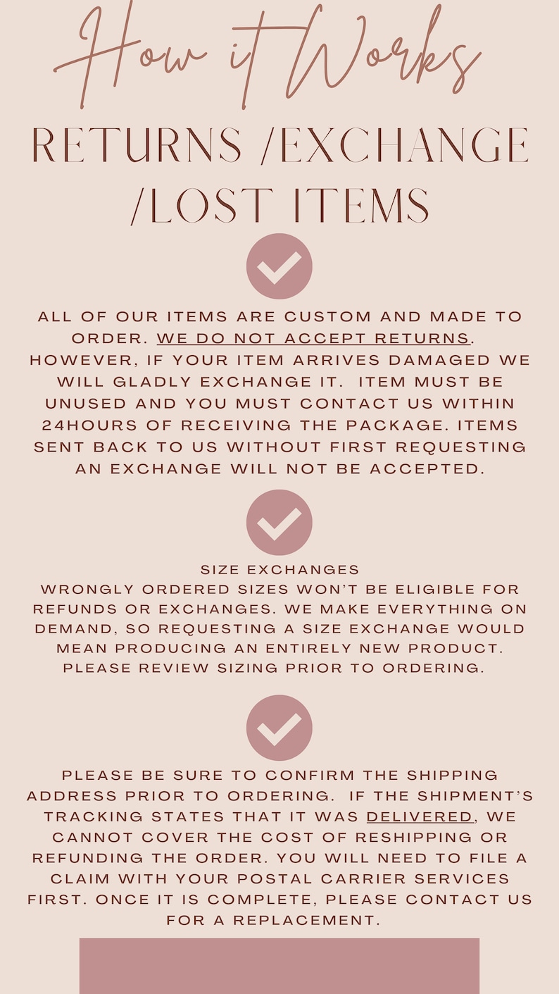 May include: A pink and white graphic with the text "How it Works" and "Returns/Exchange/Lost Items". The graphic explains the shop's return, exchange, and lost item policies.