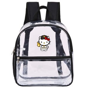 May include: Transparent backpack with black detailing, showcasing a Hello Kitty graphic in a Padres baseball cap and jersey. It has a zipped main compartment, a front zipped pocket, and adjustable shoulder straps.