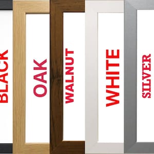 May include: Five picture frames in different colours: black, oak, walnut, white, and silver. The frames are all the same size and style.
