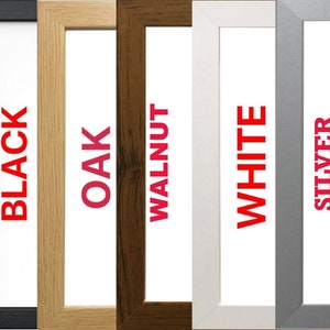 May include: A selection of picture frames in black, oak, walnut, white, and silver. Each frame has a white interior, with the colour name displayed in red text.